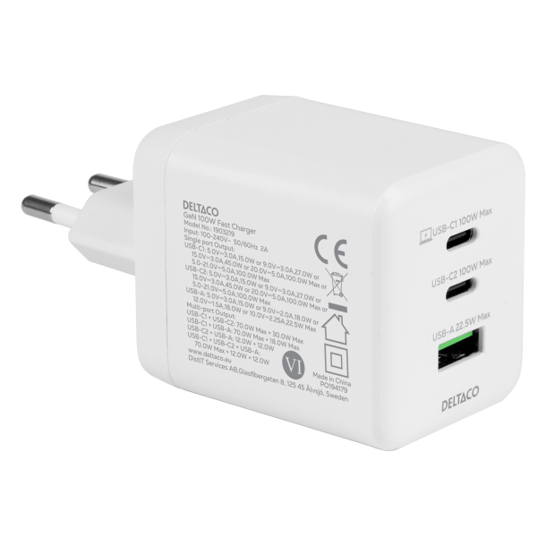 Deltaco 100W GaN strmforsyning med 2x USB-C og 1x USB-A