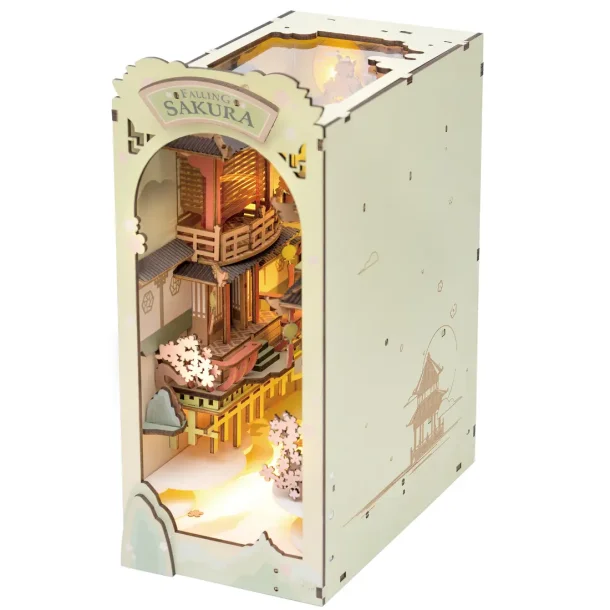 Bogreol miniaturehus byggest i tr med LED lys, Falling Sakura