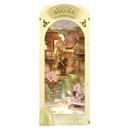 Bogreol miniaturehus byggest i tr med LED lys, Falling Sakura