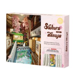 Bogreol miniaturehus byggest i tr med LED lys, Sakura densya