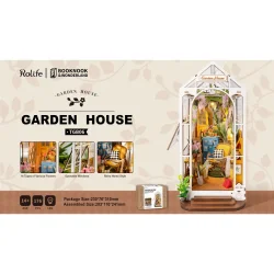 Bogreol miniaturehus byggest i tr med LED lys, Garden House