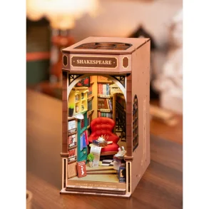 Bogreol miniaturehus byggest i tr med LED lys, Bookshop