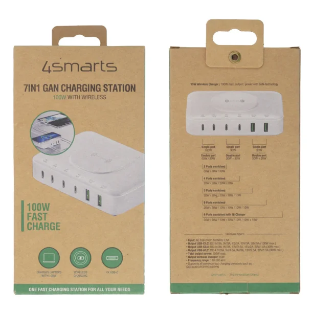 4smarts 100W strmforsyning med 4x USB-C, 2x USB-A samt QI trdls opladning