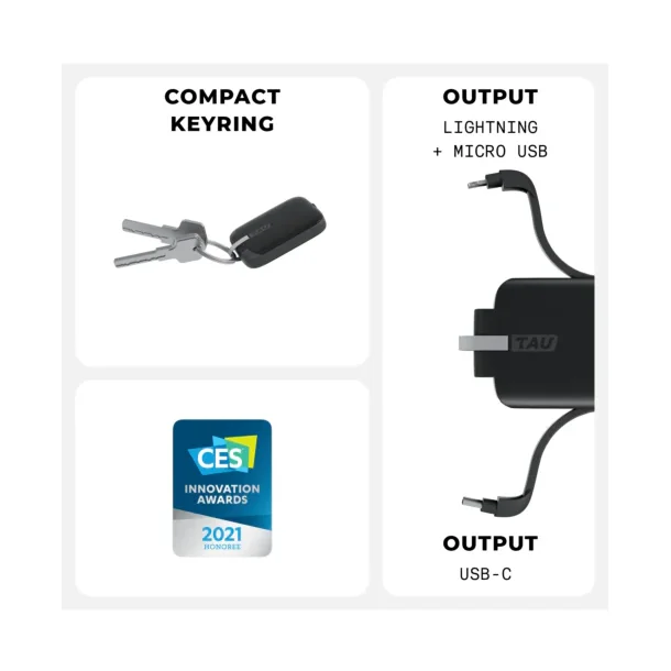 Emergency Powerbank i nglering med Lightning, USB-C og MicroUSB kabler