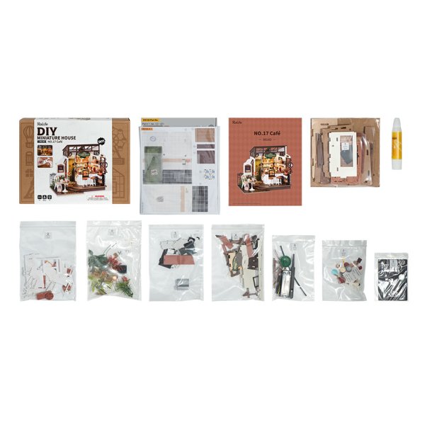 Miniaturehus byggest i tr med LED lys, No.17 Caf