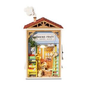 Miniaturehus byggest i tr med LED lys, Morning Fruit Store