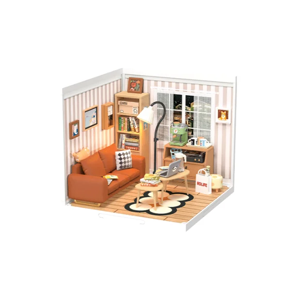 Miniaturevrelse byggest i tr med LED lys, Cozy Living Lounge