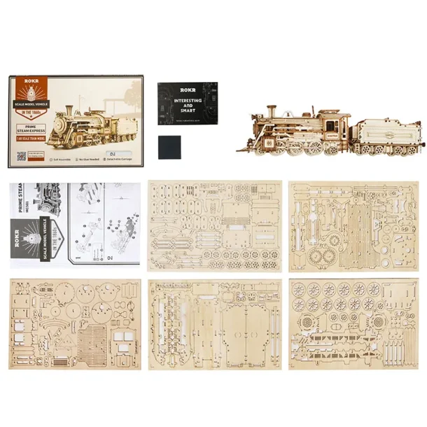 Mekanisk 3D byggest i tr, damplokomotiv med vogn