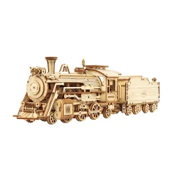 Mekanisk 3D byggest i tr, damplokomotiv med vogn