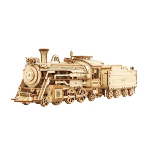 Mekanisk 3D byggest i tr, damplokomotiv med vogn