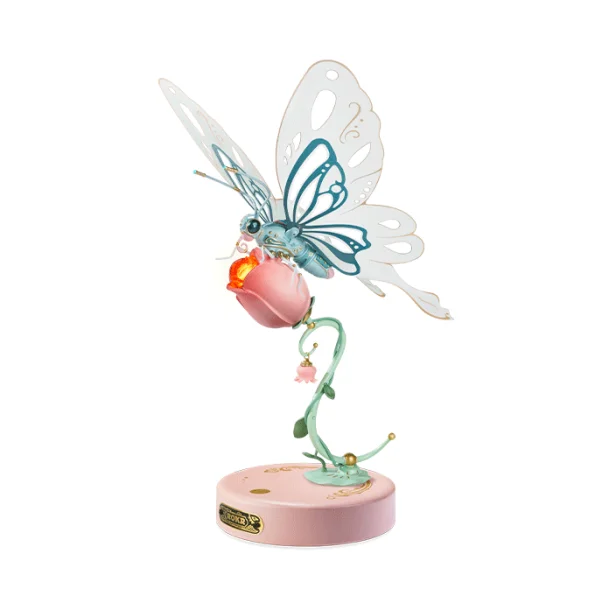 Mekanisk 3D byggest i metal og plast, sommerfugl p pink blomst