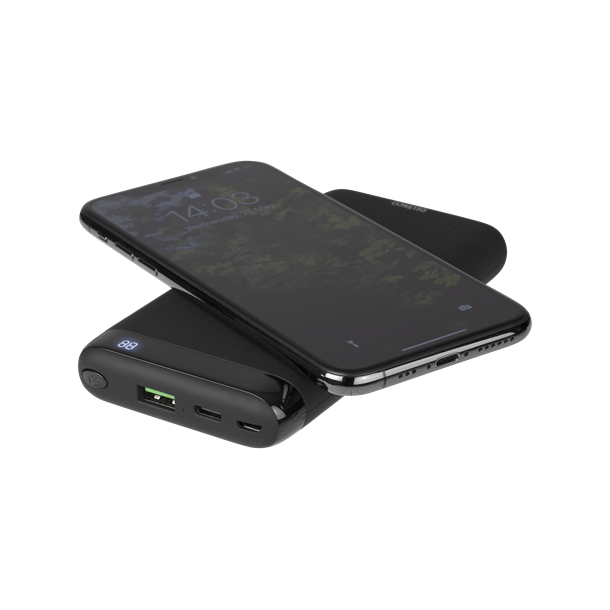 Powerbank 10000 mAh med 18W USB-A, USB-C og 10W trdls opladning (Qi)