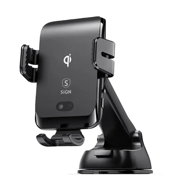 Mobiltelefon holder til bilens luftdyse eller forrude med sensor og trdls opladning (Qi)