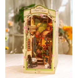 Bogreol miniaturehus byggest i tr med LED lys, Floral Corner