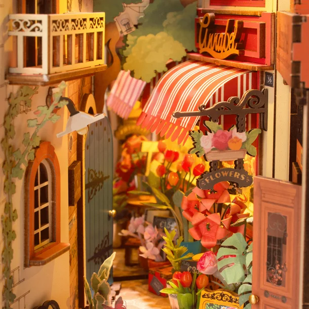 Bogreol miniaturehus byggest i tr med LED lys, Floral Corner