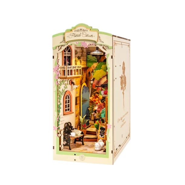 Bogreol miniaturehus byggest i tr med LED lys, Floral Corner