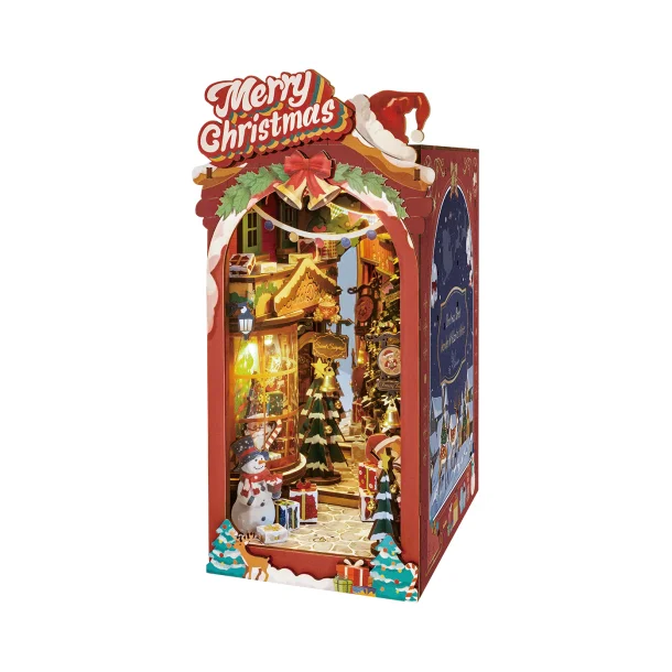 Bogreol miniaturehus byggest i tr med LED lys, Christmas Street