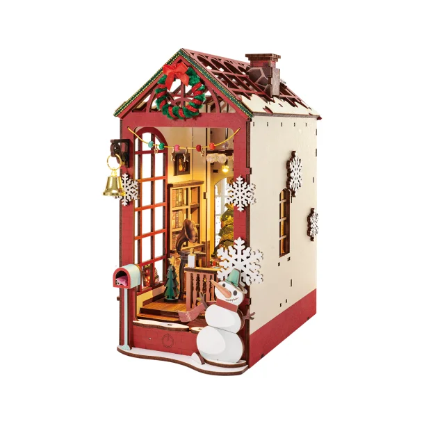 Bogreol miniaturehus byggest i tr med LED lys, Christmas Indoor Scene