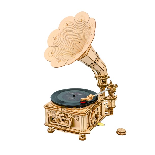 Mekanisk 3D byggest i tr, retro grammofon