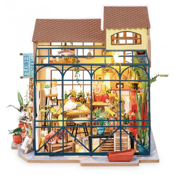 Miniaturehus byggest i tr med LED lys, Emily's Flower Shop