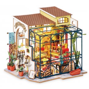 Miniaturehus byggest i tr med LED lys, Emily's Flower Shop