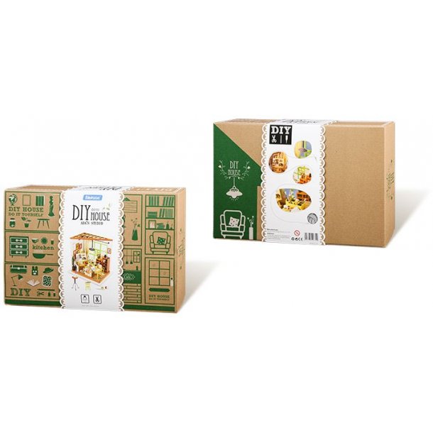 Miniaturehus byggest i tr med LED lys, Kevin's Studio