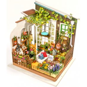 Miniaturehus byggest i tr med LED lys, Miller's Garden