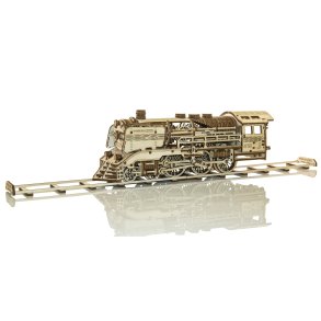 Mekanisk 3D byggest i tr, lokomotiv med skinner