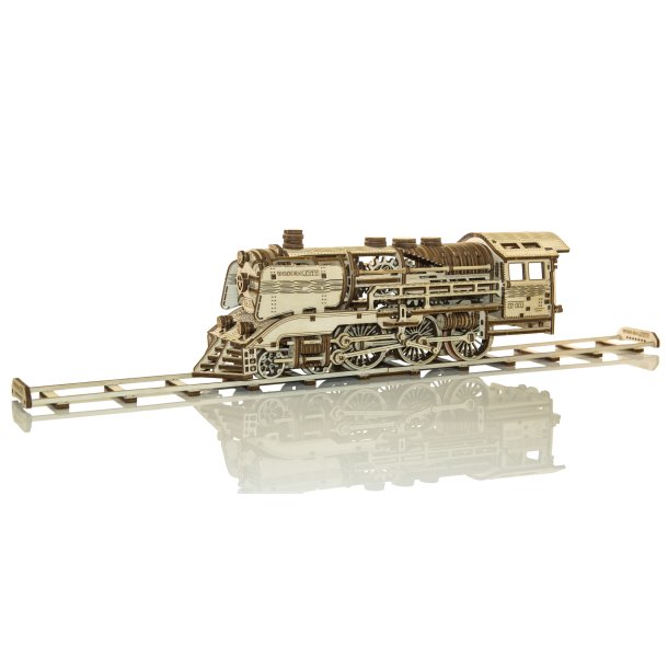 Mekanisk 3D byggest i tr, lokomotiv med skinner